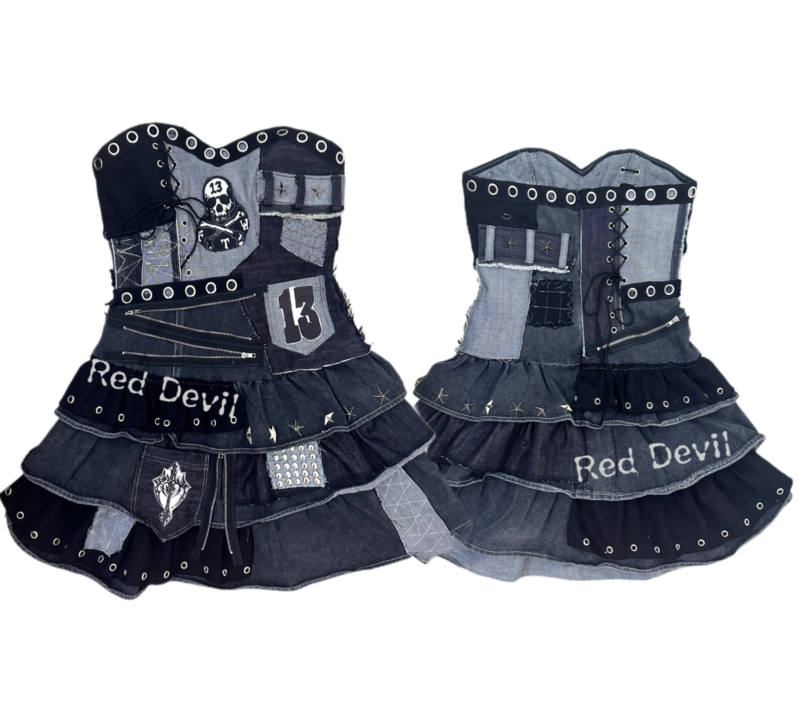 Red Devil Punk Style Patchwork Strapless Denim Dress