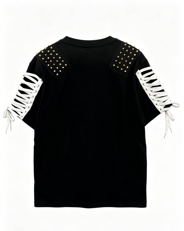 Red Devil Punk Rivet Lace-up Black T-shirt