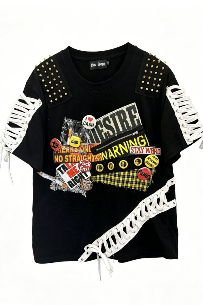 Red Devil Punk Rivet Lace-up Black T-shirt