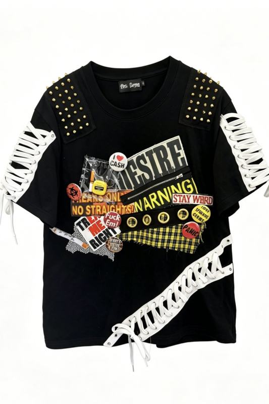 Red Devil Punk Rivet Lace-up Black T-shirt