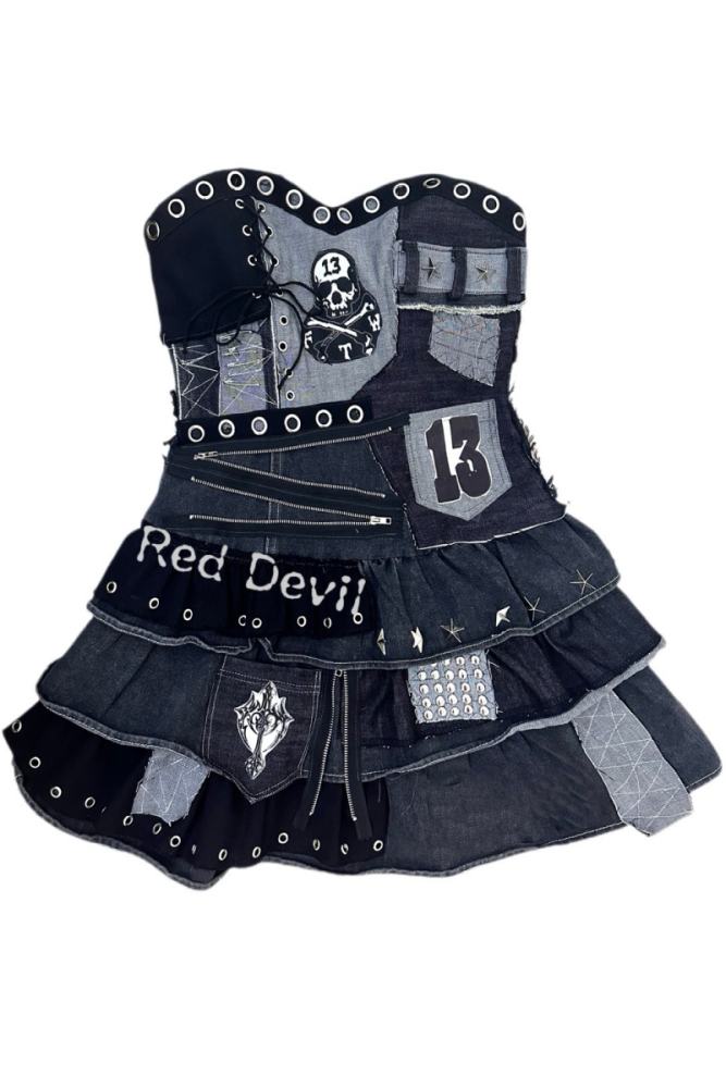 Red Devil Punk Style Patchwork Strapless Denim Dress
