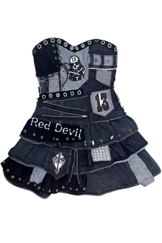 Red Devil Punk Style Patchwork Strapless Denim Dress