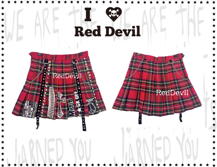 Red Devil Punk Style Red Plaid Pleated Skirt