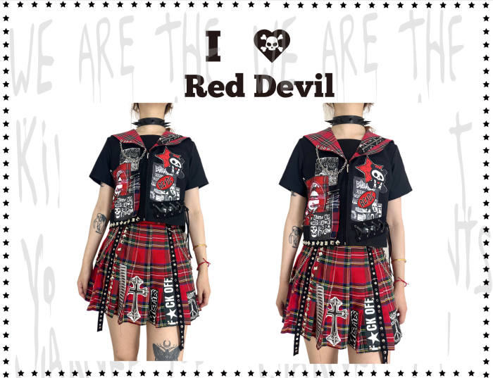 Red Devil Punk Style Red Plaid Pleated Skirt