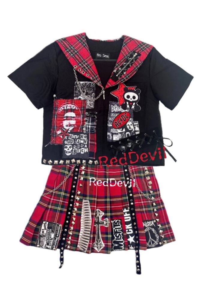Red Devil Punk Style Red Plaid Pleated Skirt