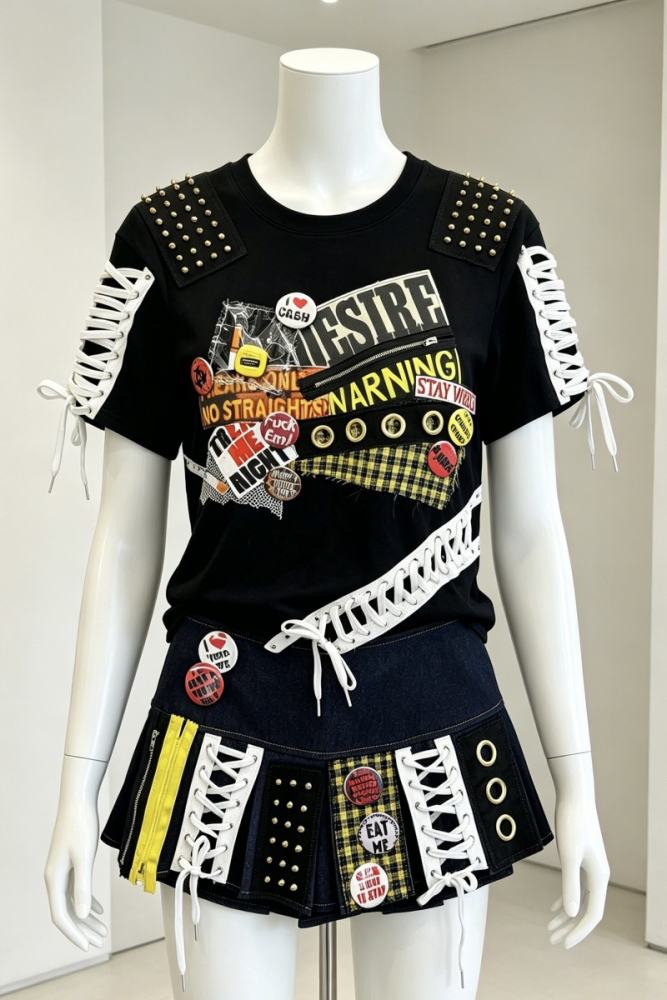 Red Devil Punk Rivet Lace-up Black T-shirt