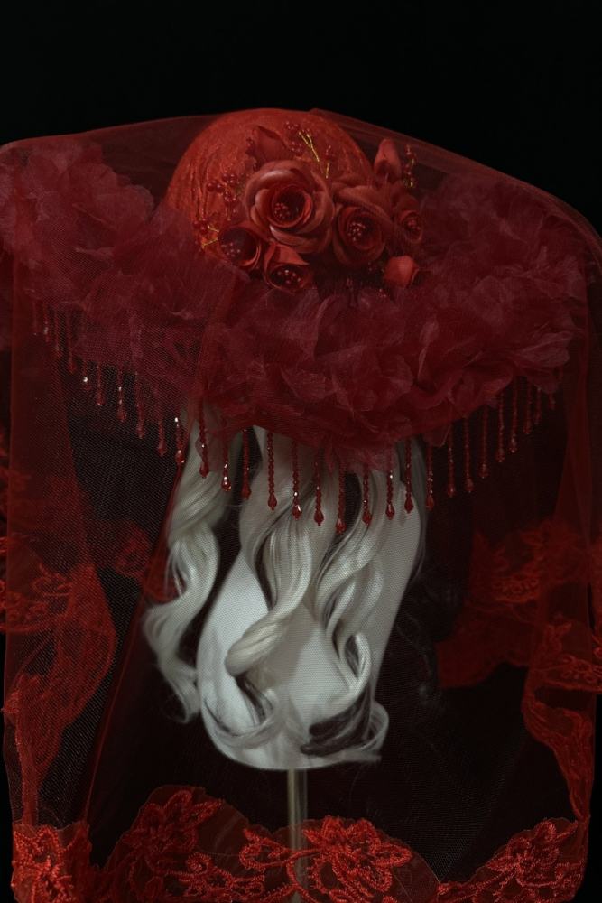 XM Gothic Lolita Court Large Brim Hat with Lace Veil