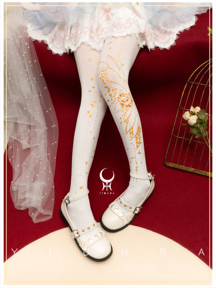 Yidhra Gold Floral Print Lolita Pantyhose