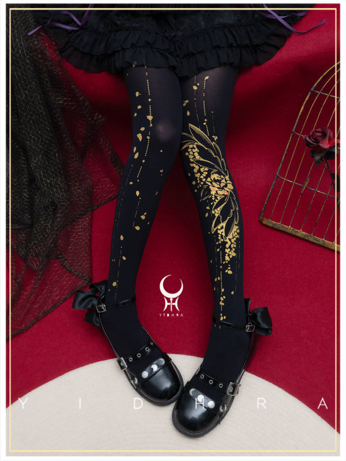 Yidhra Gold Floral Print Lolita Pantyhose