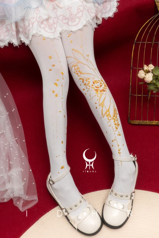 Yidhra Gold Floral Print Lolita Pantyhose