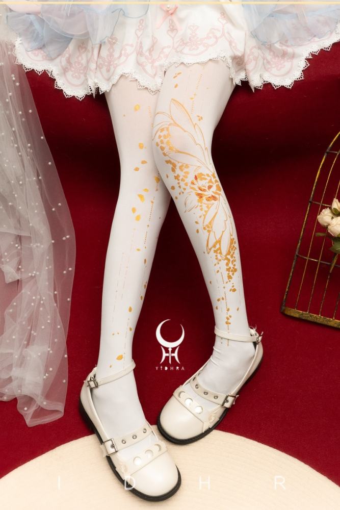 Yidhra Gold Floral Print Lolita Pantyhose