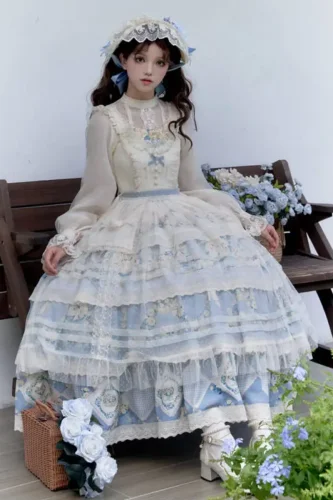Withpuji Daisies and Flower Baskets Print Country Lolita Dress, Shawl and Blouse