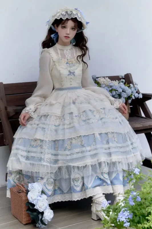 Withpuji Daisies and Flower Baskets Print Country Lolita Dress, Shawl and Blouse