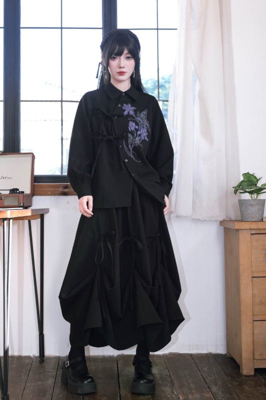 Dark Iris Jirai Kei Irregular Blouse and Bud Skirt