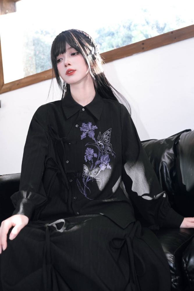 Dark Iris Jirai Kei Irregular Blouse and Bud Skirt