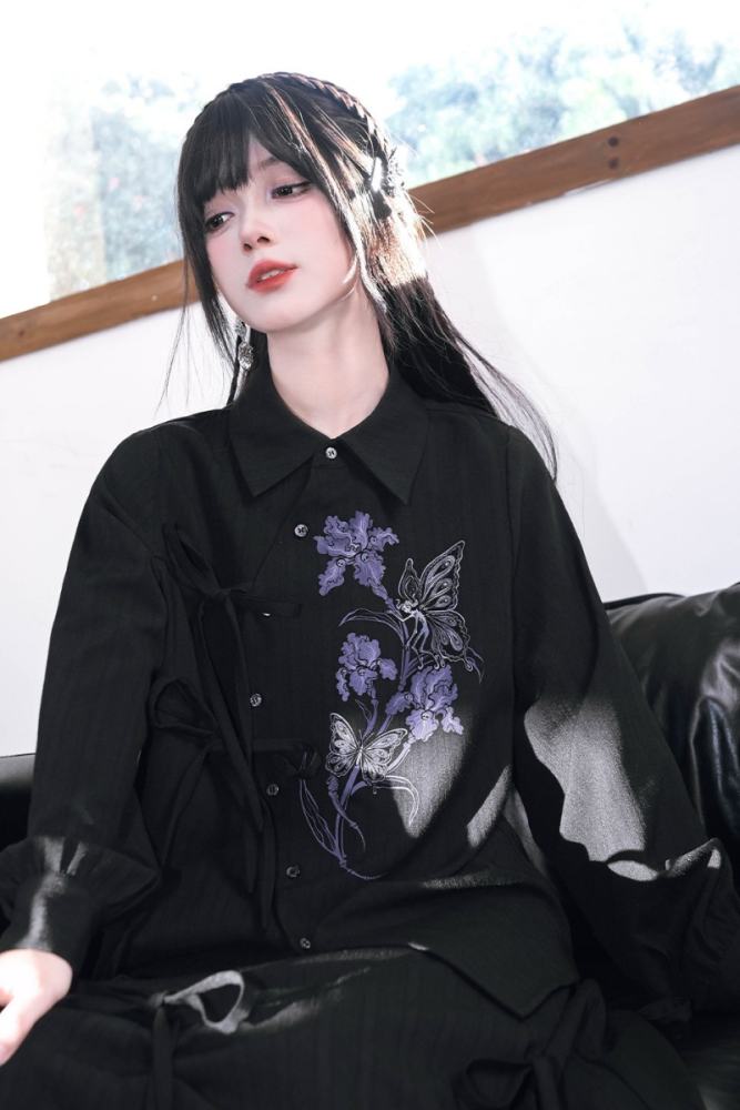 Dark Iris Jirai Kei Irregular Blouse and Bud Skirt