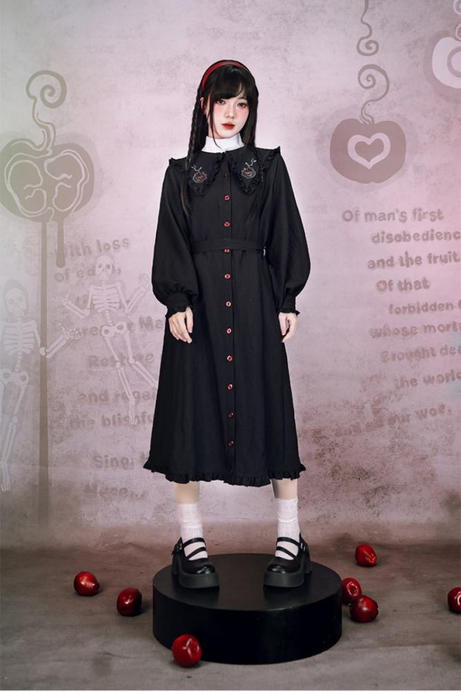 Garden of Eden Retro Girly Embroidery Frills Black Dress