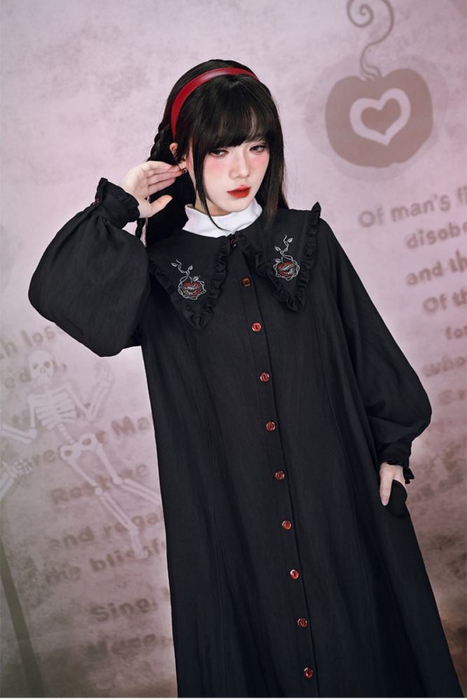 Garden of Eden Retro Girly Embroidery Frills Black Dress