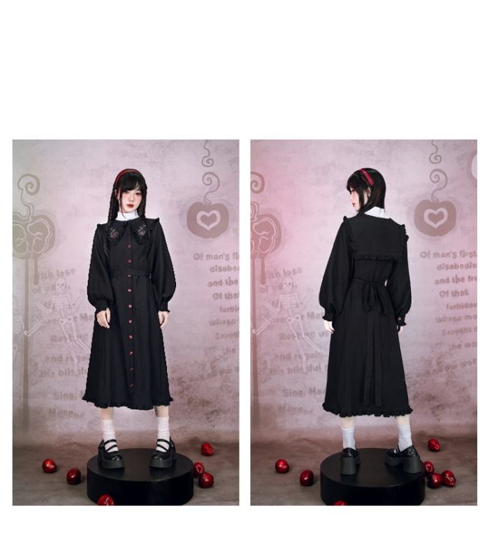 Garden of Eden Retro Girly Embroidery Frills Black Dress