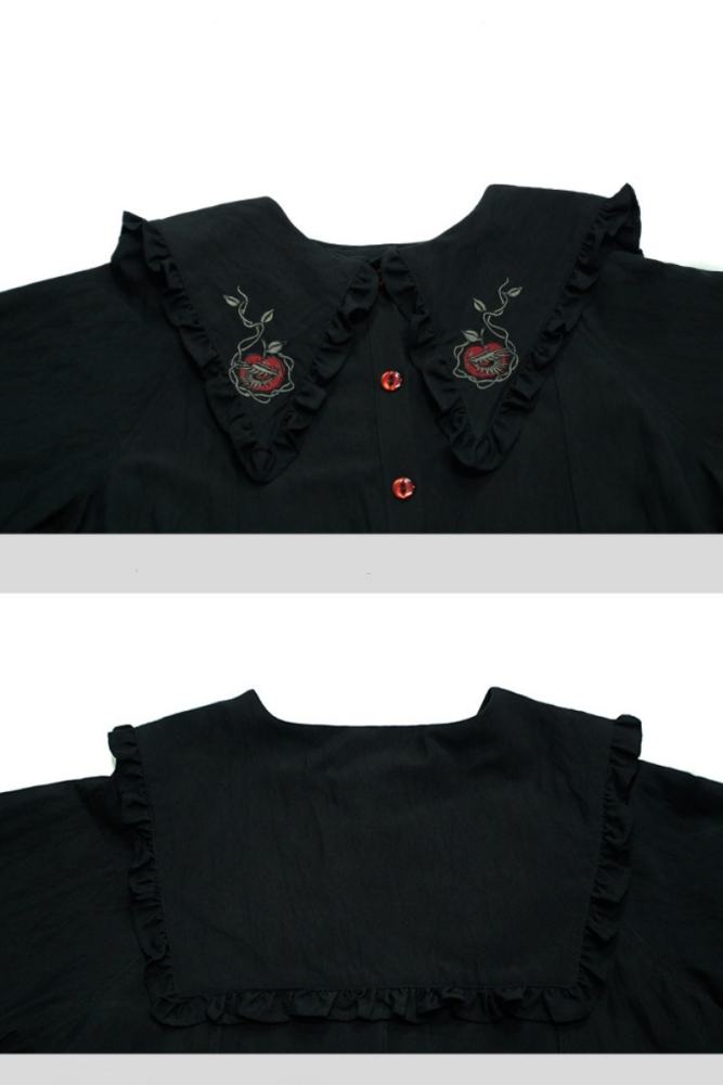 Garden of Eden Retro Girly Embroidery Frills Black Dress