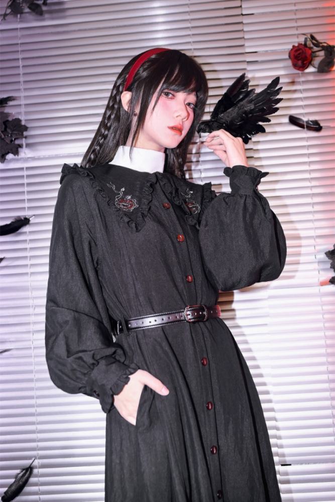 Garden of Eden Retro Girly Embroidery Frills Black Dress