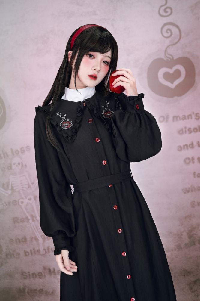 Garden of Eden Retro Girly Embroidery Frills Black Dress