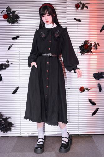 Garden of Eden Retro Girly Embroidery Frills Black Dress