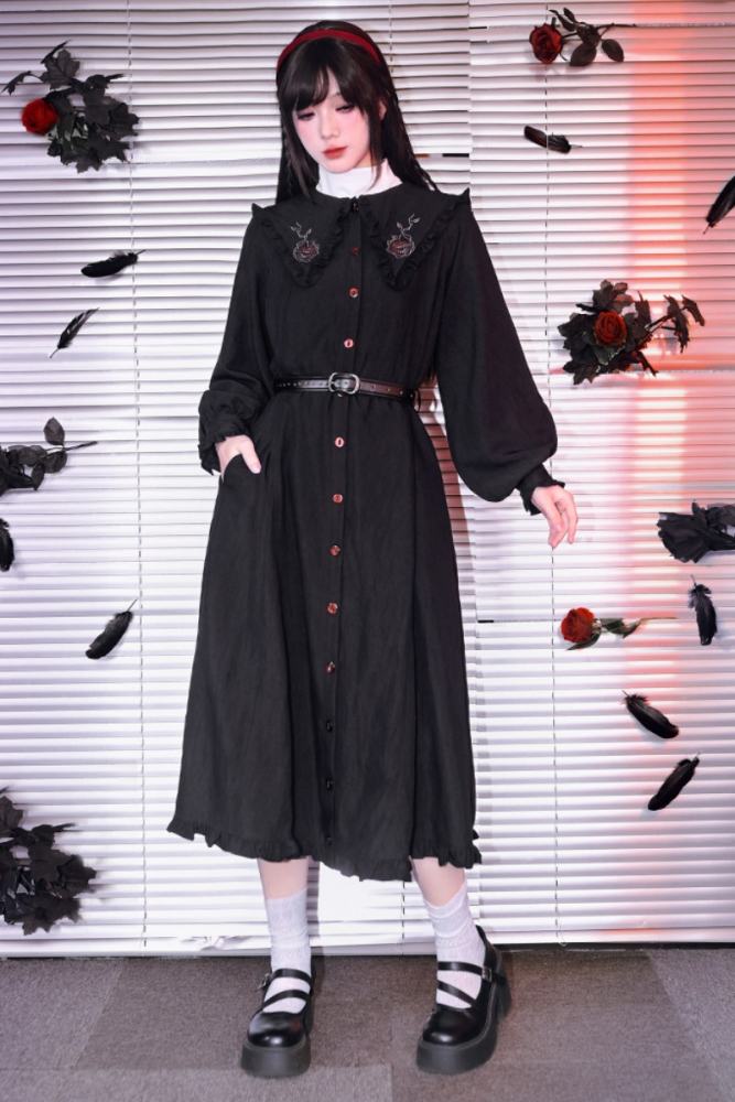 Garden of Eden Retro Girly Embroidery Frills Black Dress