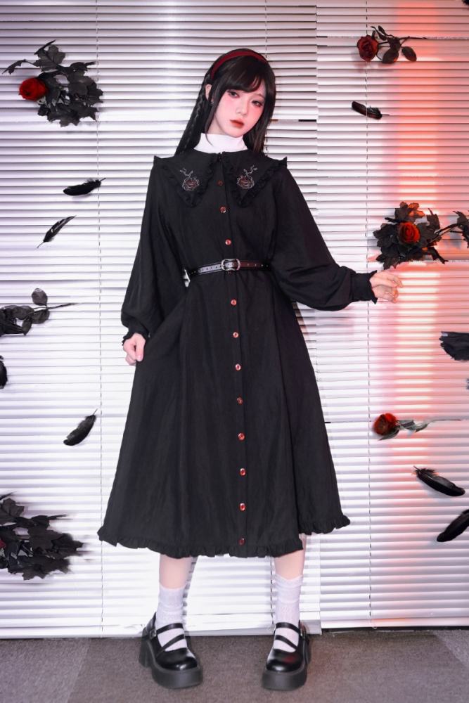 Garden of Eden Retro Girly Embroidery Frills Black Dress