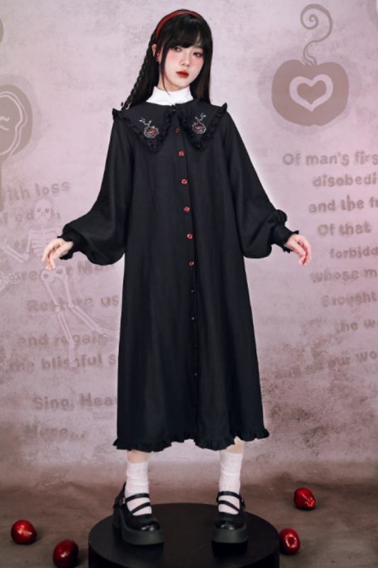 Garden of Eden Retro Girly Embroidery Frills Black Dress