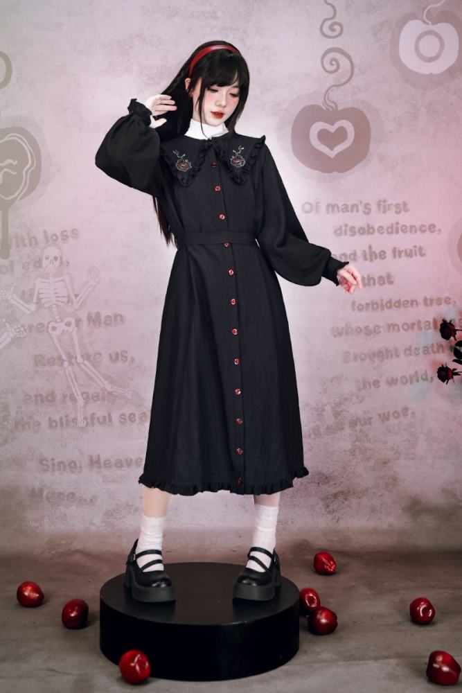 Garden of Eden Retro Girly Embroidery Frills Black Dress