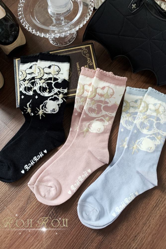 Roji Star and Moon Cotton Lolita Calf Socks 3 Colors