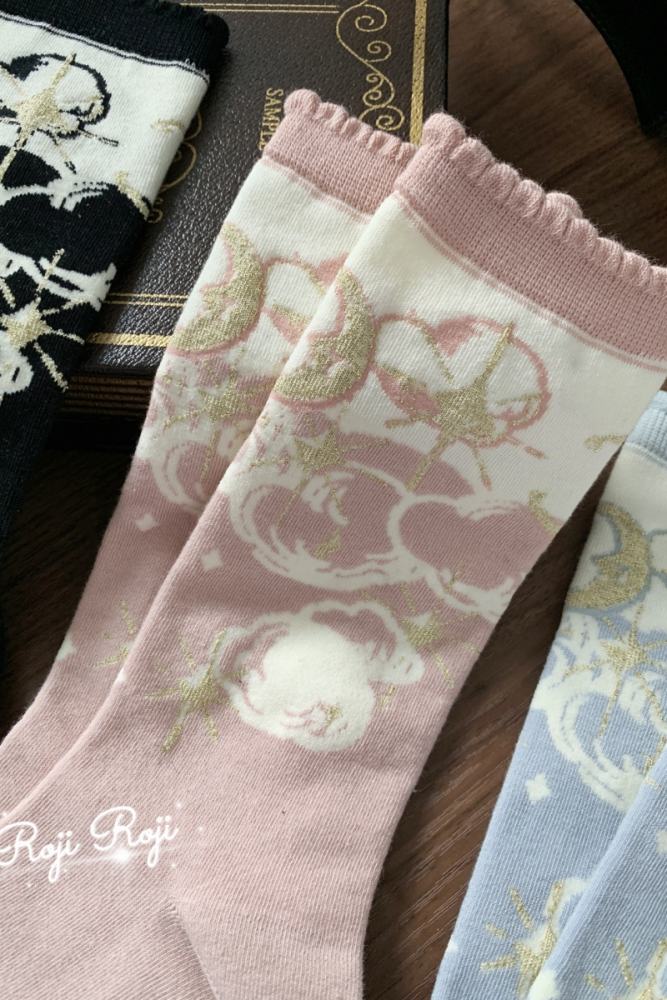 Roji Star and Moon Cotton Lolita Calf Socks 3 Colors