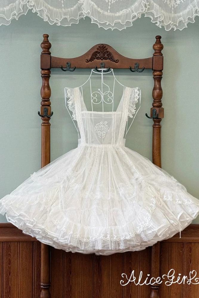 Alice Girl Floral Embroidery Lolita Apron Mesh Overdress 3 Colors