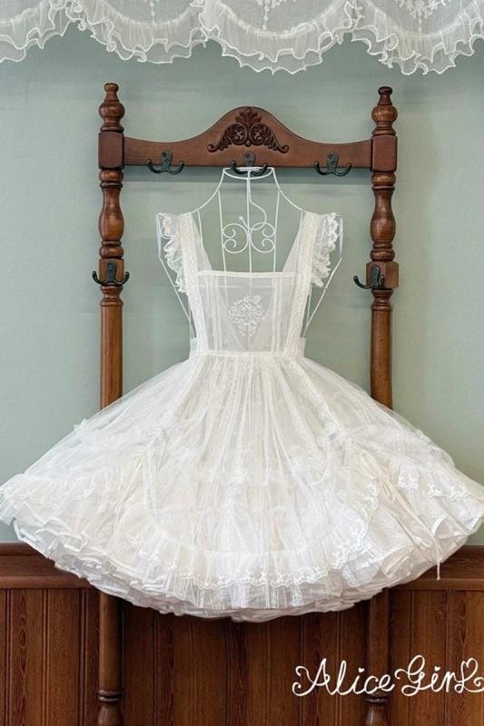Alice Girl Floral Embroidery Lolita Apron Mesh Overdress 3 Colors