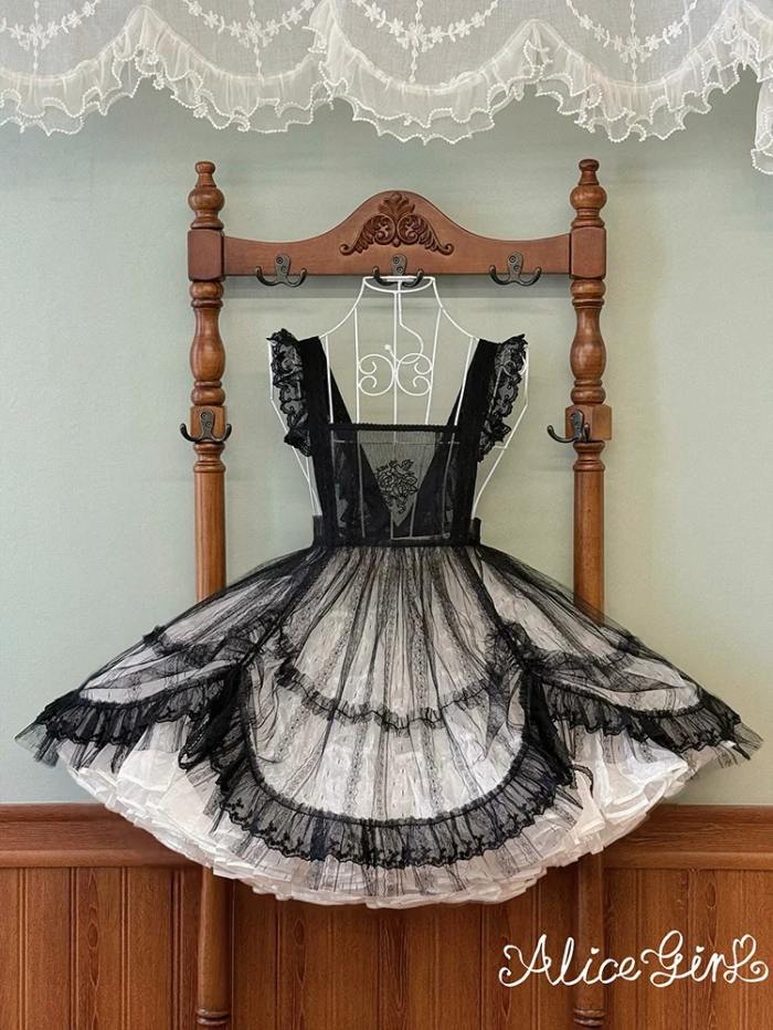 Alice Girl Floral Embroidery Lolita Apron Mesh Overdress 3 Colors