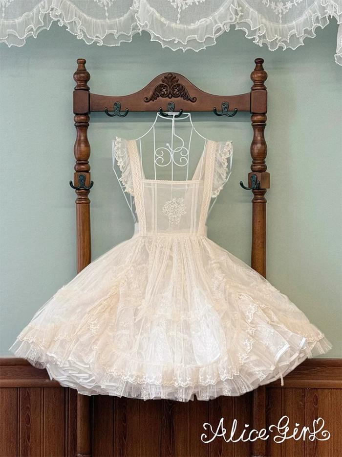 Alice Girl Floral Embroidery Lolita Apron Mesh Overdress 3 Colors