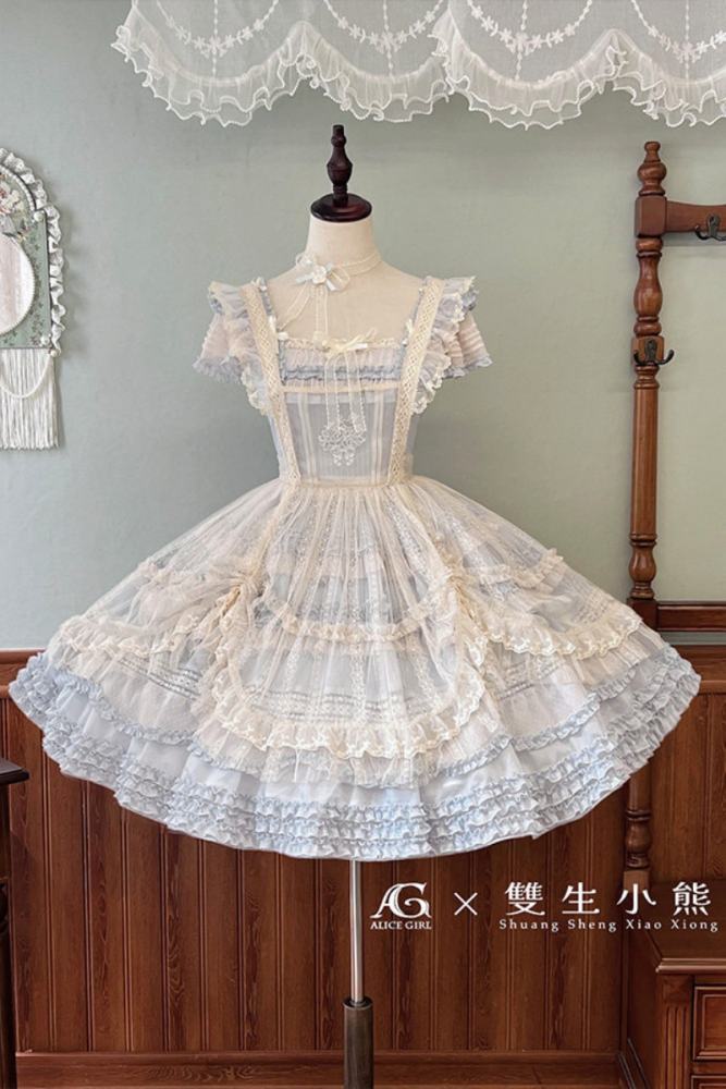 Alice Girl Floral Embroidery Lolita Apron Mesh Overdress 3 Colors