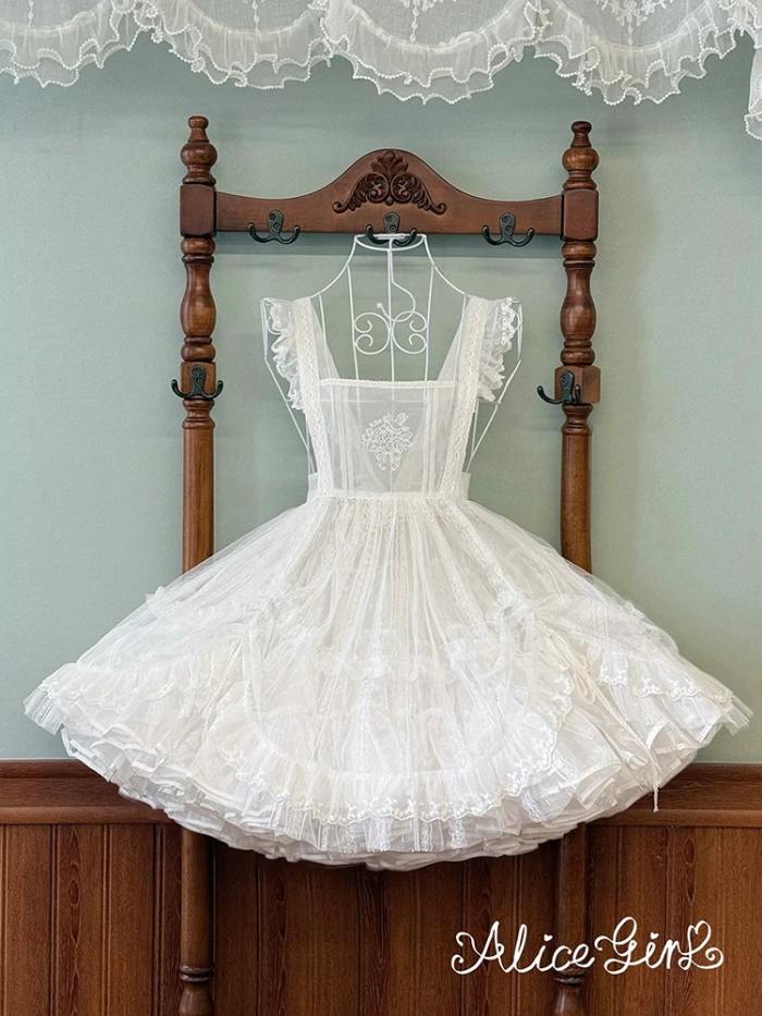 Alice Girl Floral Embroidery Lolita Apron Mesh Overdress 3 Colors