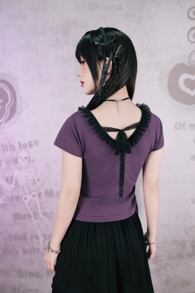 Rotating Paradise Square Neckline Jirai Kei Cotton Purple T-shirt
