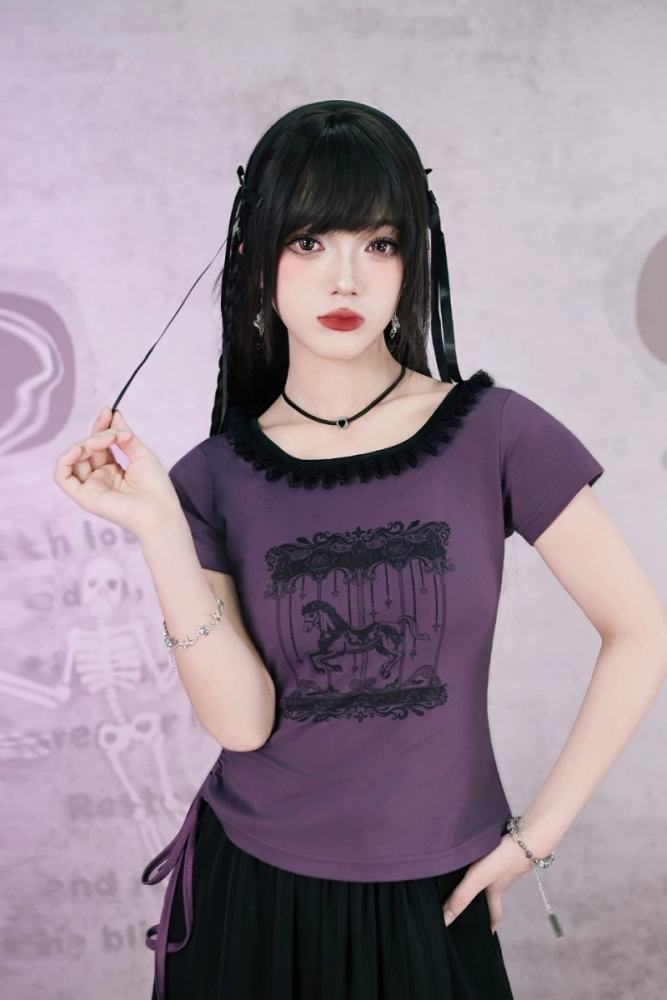 Rotating Paradise Square Neckline Jirai Kei Cotton Purple T-shirt