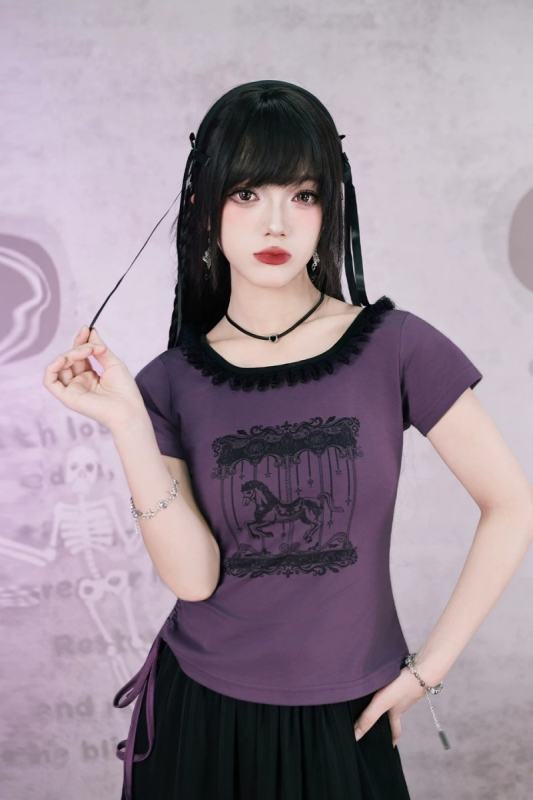 Rotating Paradise Square Neckline Jirai Kei Cotton Purple T-shirt