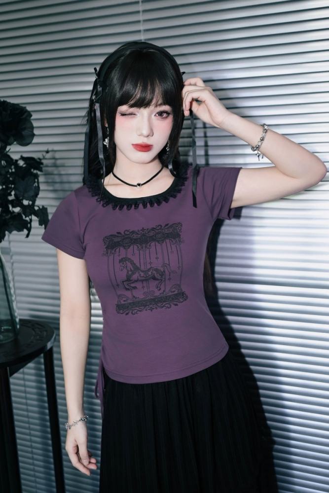 Rotating Paradise Square Neckline Jirai Kei Cotton Purple T-shirt