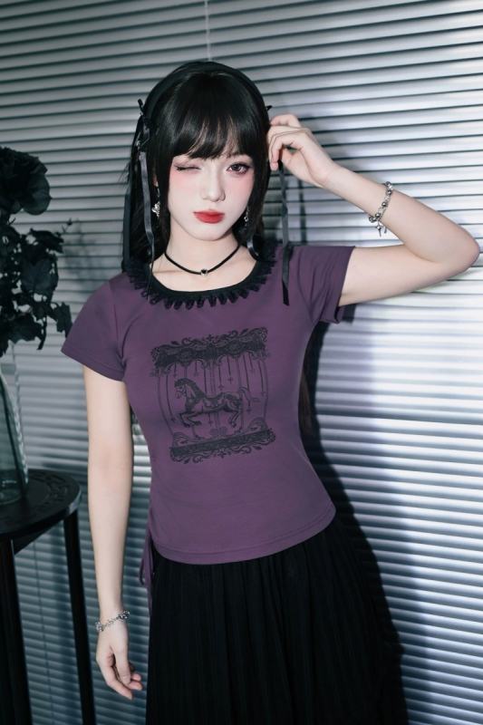 Rotating Paradise Square Neckline Jirai Kei Cotton Purple T-shirt