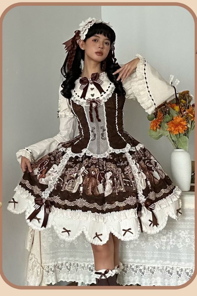 Alice Girl Bear Symphony Retro Prints Lolita JSK and OP