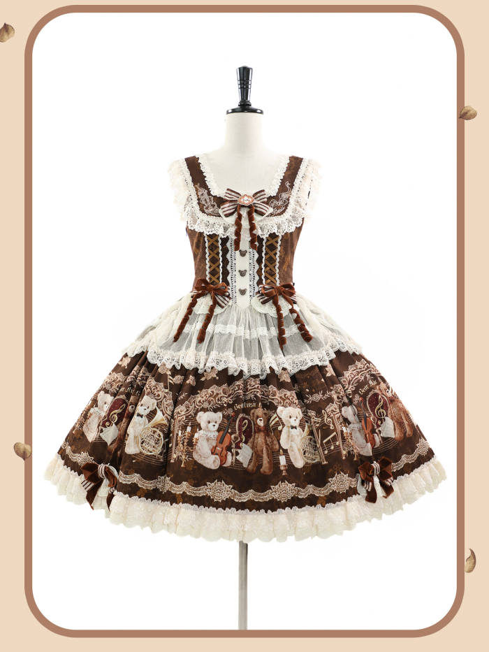 Alice Girl Bear Symphony Retro Prints Lolita JSK and OP