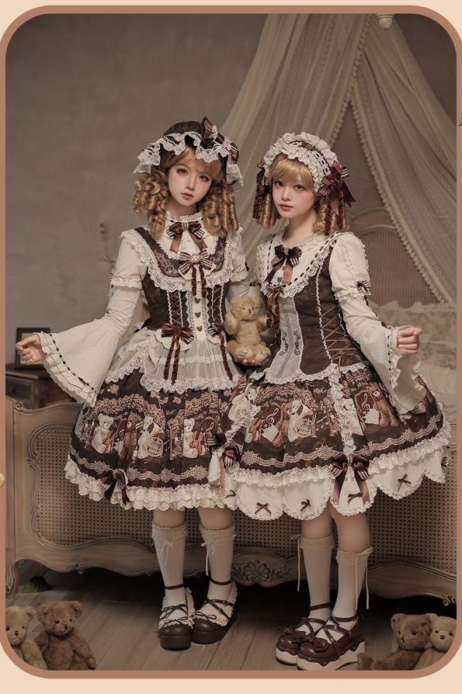 Alice Girl Bear Symphony Retro Prints Lolita JSK and OP