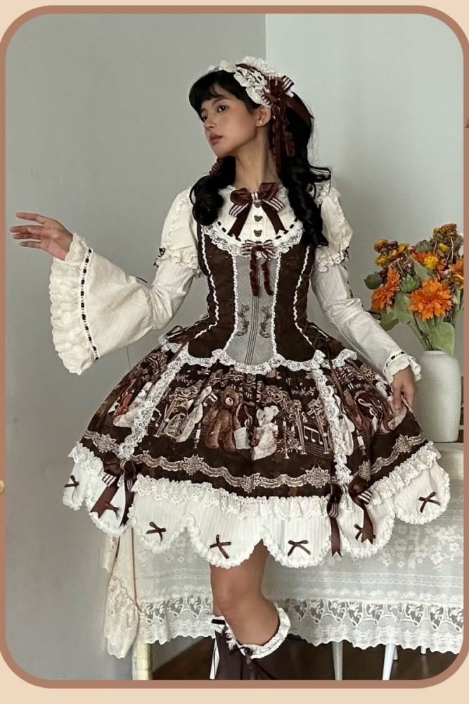 Alice Girl Bear Symphony Retro Prints Lolita JSK and OP