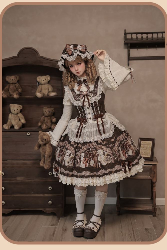 Alice Girl Bear Symphony Retro Prints Lolita JSK and OP