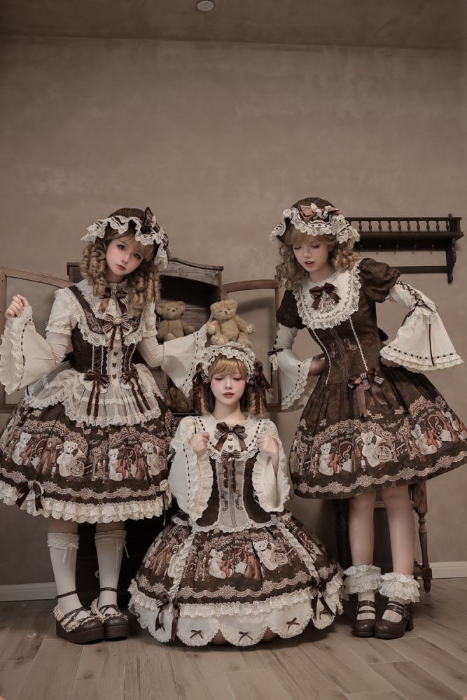 Alice Girl Bear Symphony Retro Prints Lolita JSK and OP